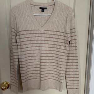 Tommy Hilfiger Cream and Brown V-Neck Sweater